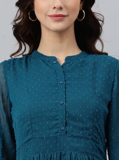 Janasya Women's Teal Poly Chiffon Self Design Flared Western Dress