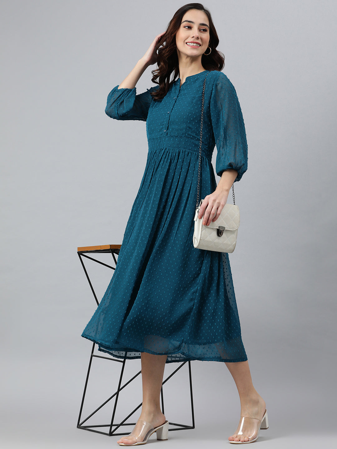 Indian Clothing Janasya Women's Teal Poly Chiffon Self Design Casual Flared kurta
