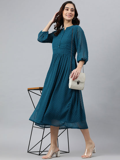 Indian Clothing Janasya Women's Teal Poly Chiffon Self Design Casual Flared kurta