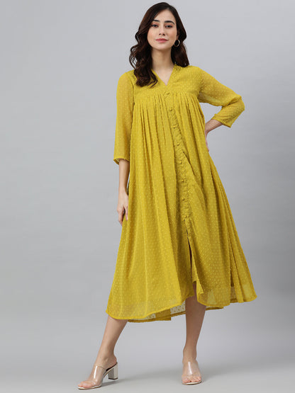 Janasya Women's Mustard Poly Chiffon Self Design Frontslit Western Dress