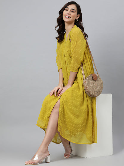 Janasya Women's Mustard Poly Chiffon Self Design Frontslit Western Dress