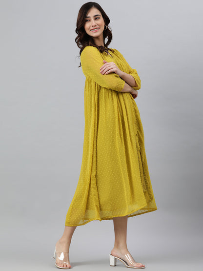 Janasya Women's Mustard Poly Chiffon Self Design Casual Frontslit kurta