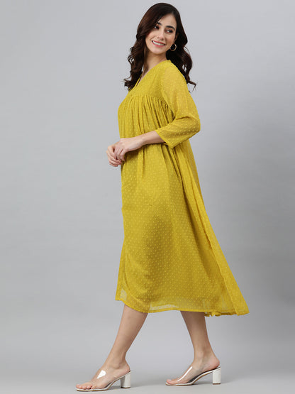 Janasya Women's Mustard Poly Chiffon Self Design Frontslit Western Dress