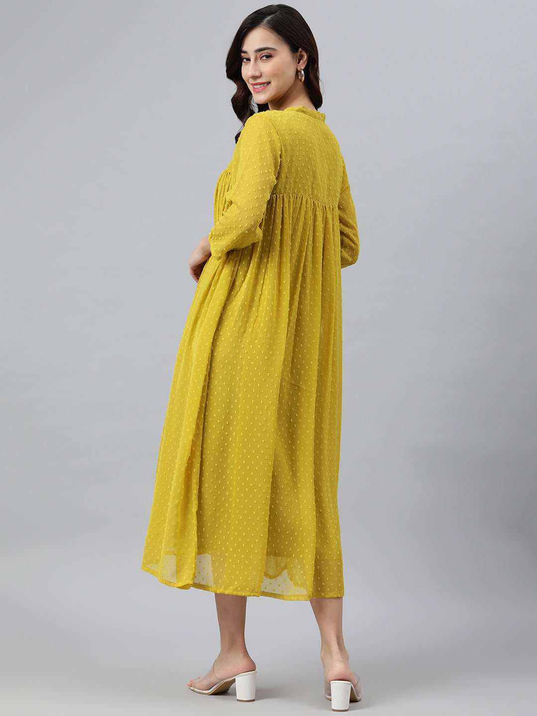 Janasya Women's Mustard Poly Chiffon Self Design Frontslit Western Dress