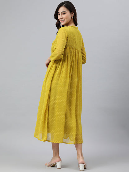 Janasya Women's Mustard Poly Chiffon Self Design Casual Frontslit kurta