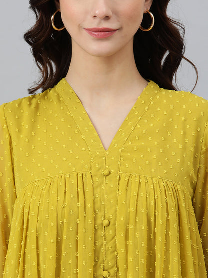 Janasya Women's Mustard Poly Chiffon Self Design Frontslit Western Dress