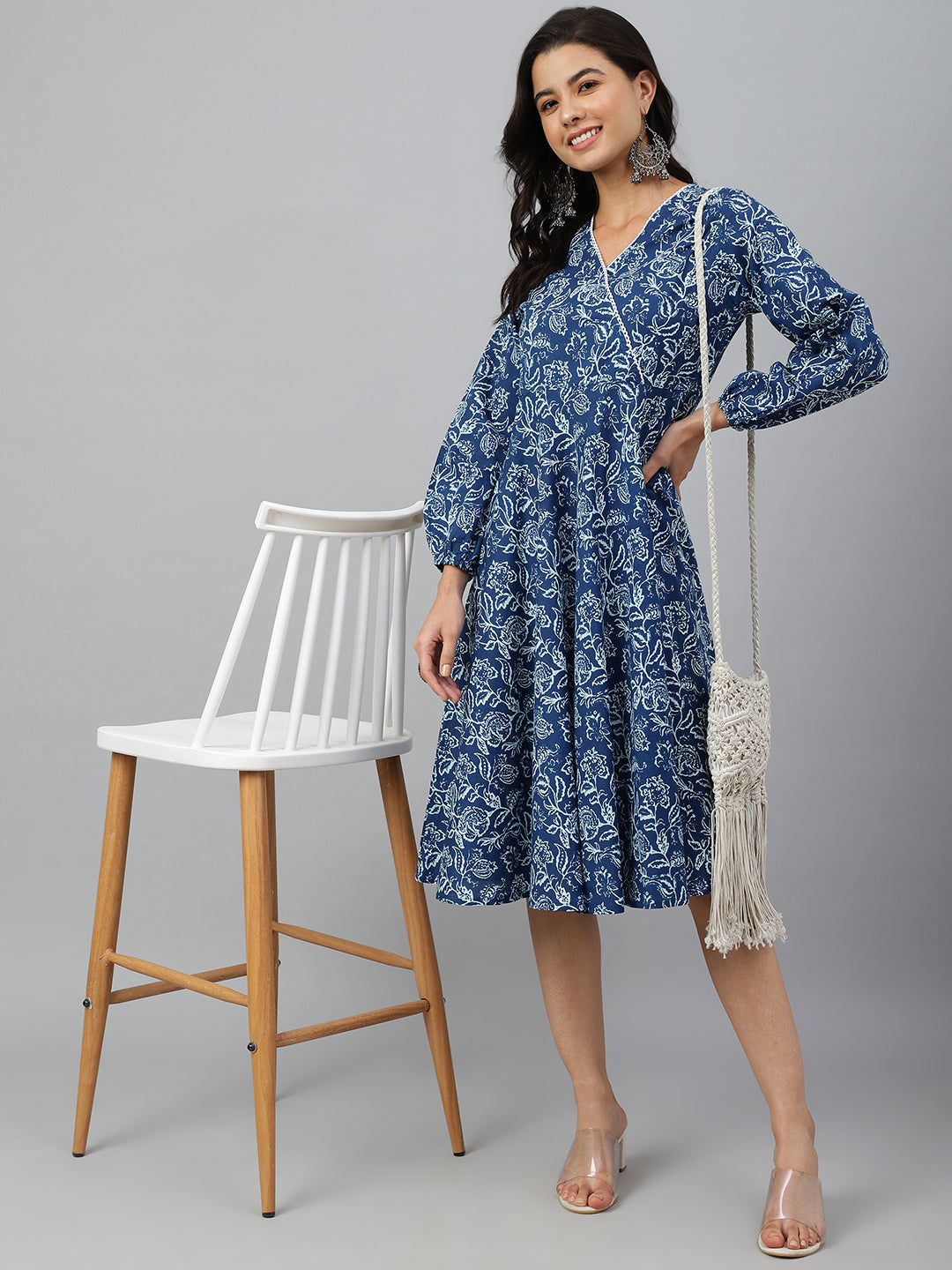 Janasya Women's Navy Blue Cotton Floral Printed Angrakha Western Dress