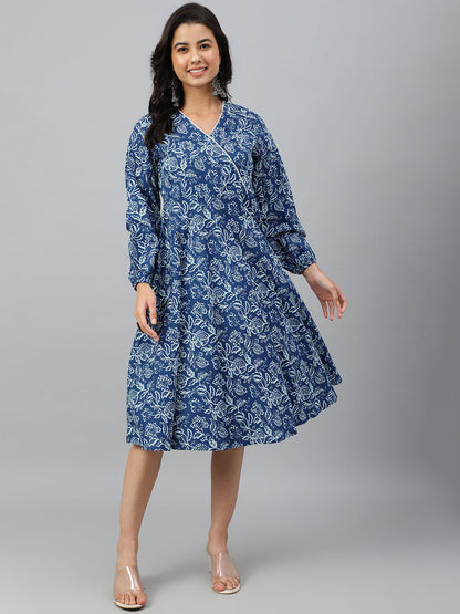 Janasya Women's Navy Blue Cotton Floral Printed Angrakha Western Dress