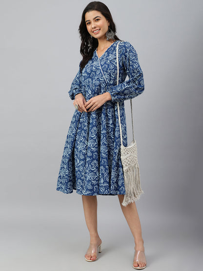 Janasya Women's Navy Blue Cotton Floral Printed Angrakha Western Dress