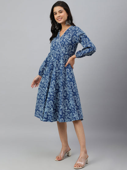 Janasya Women's Navy Blue Cotton Floral Printed Angrakha Western Dress