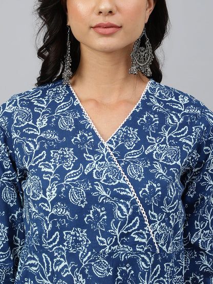 Janasya Women's Navy Blue Cotton Floral Printed Angrakha Western Dress
