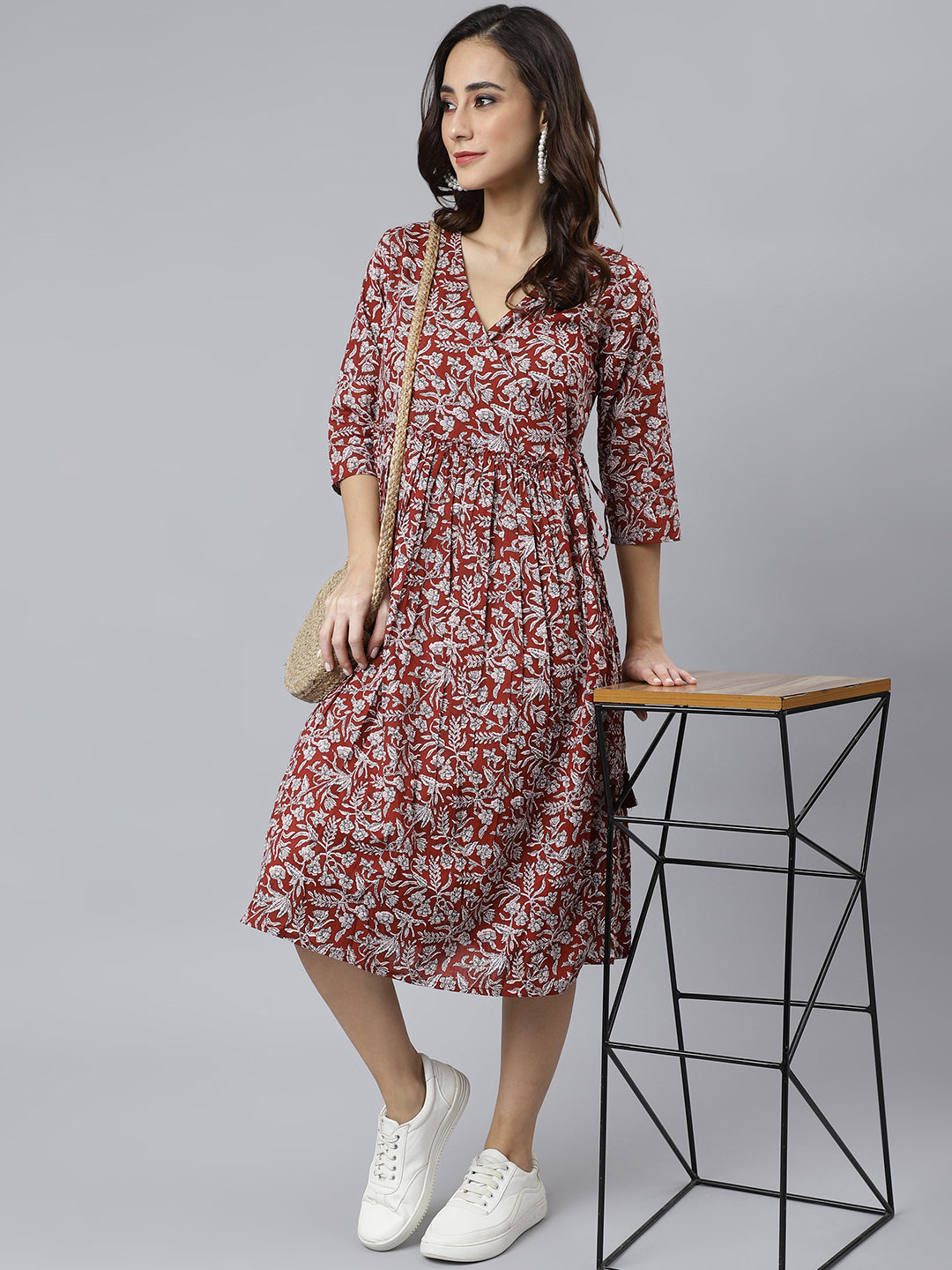 Janasya Women's Maroon Cotton Floral Printed Angrakha Western Dress