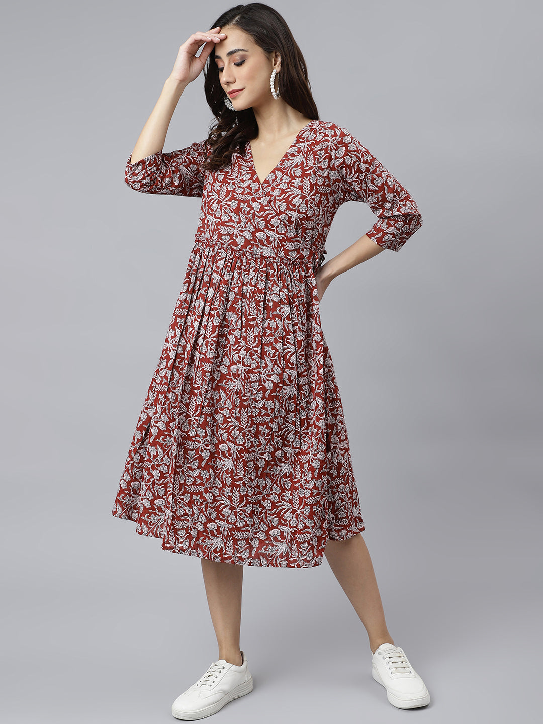 Janasya Women's Maroon Cotton Floral Printed Angrakha Western Dress