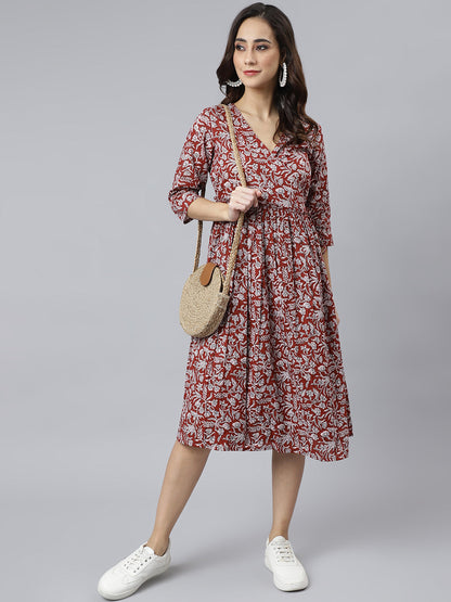 Janasya Women's Maroon Cotton Floral Printed Angrakha Western Dress