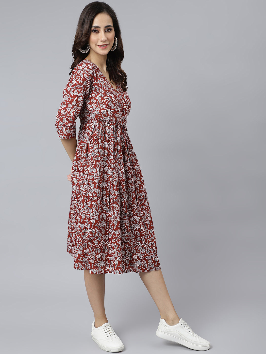 Janasya Women's Maroon Cotton Floral Printed Angrakha Western Dress