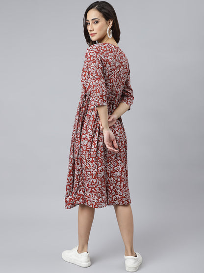 Janasya Women's Maroon Cotton Floral Printed Angrakha Western Dress