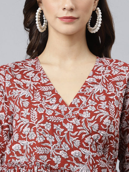 Janasya Women's Maroon Cotton Floral Printed Angrakha Western Dress