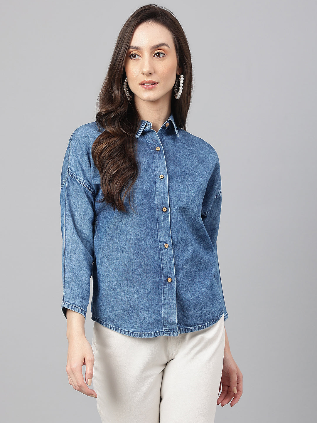 Janasya Women's Blue Denim Solid Shirt Style Top