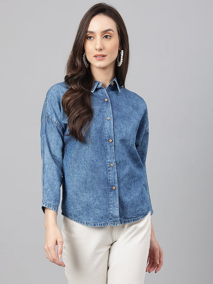 Janasya Women's Blue Denim Solid Shirt Style Top