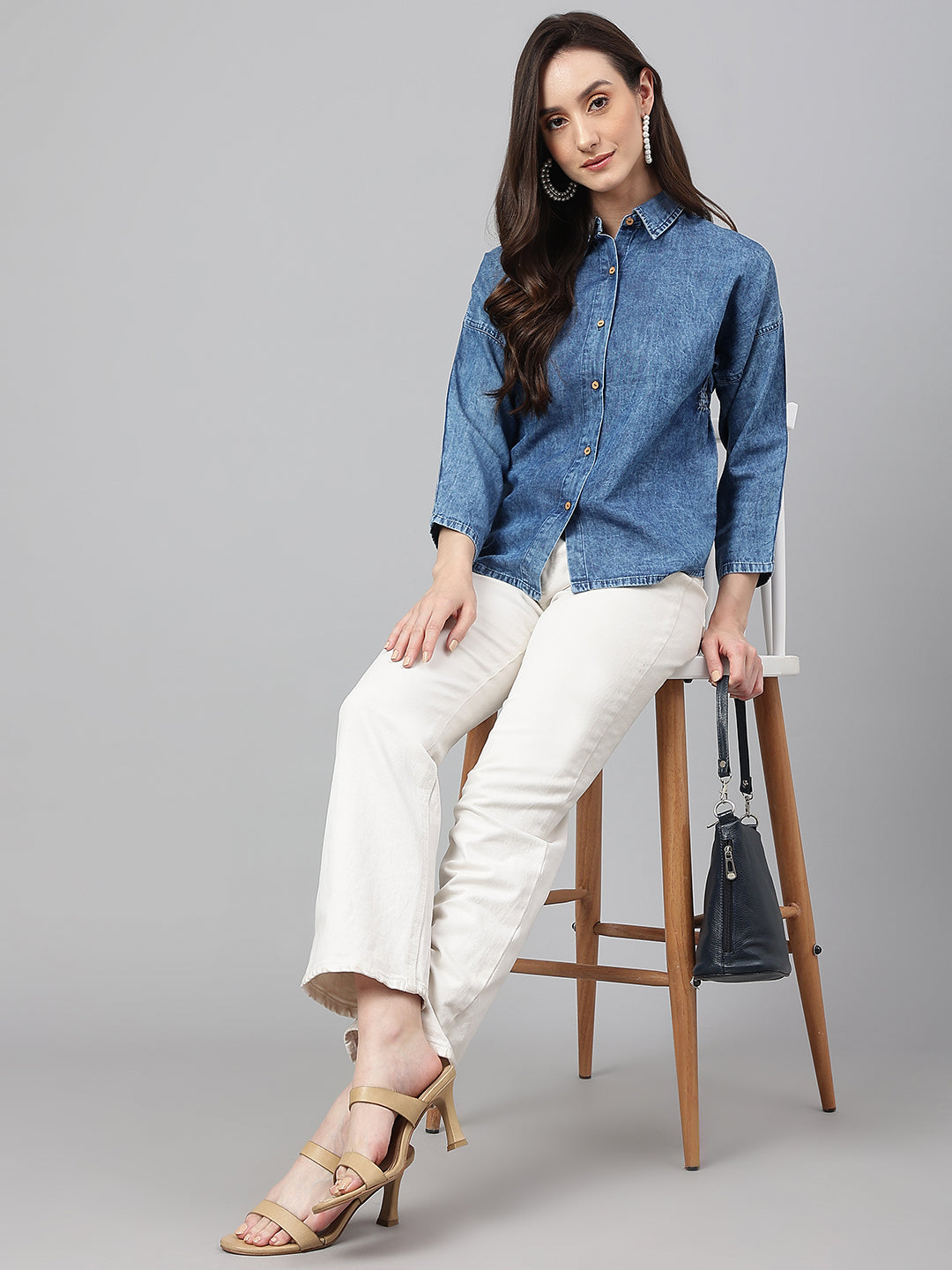 Janasya Women's Blue Denim Solid Shirt Style Top