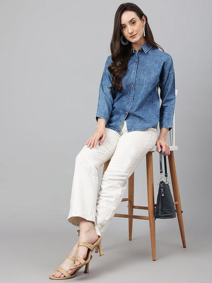 Janasya Women's Blue Denim Solid Shirt Style Top
