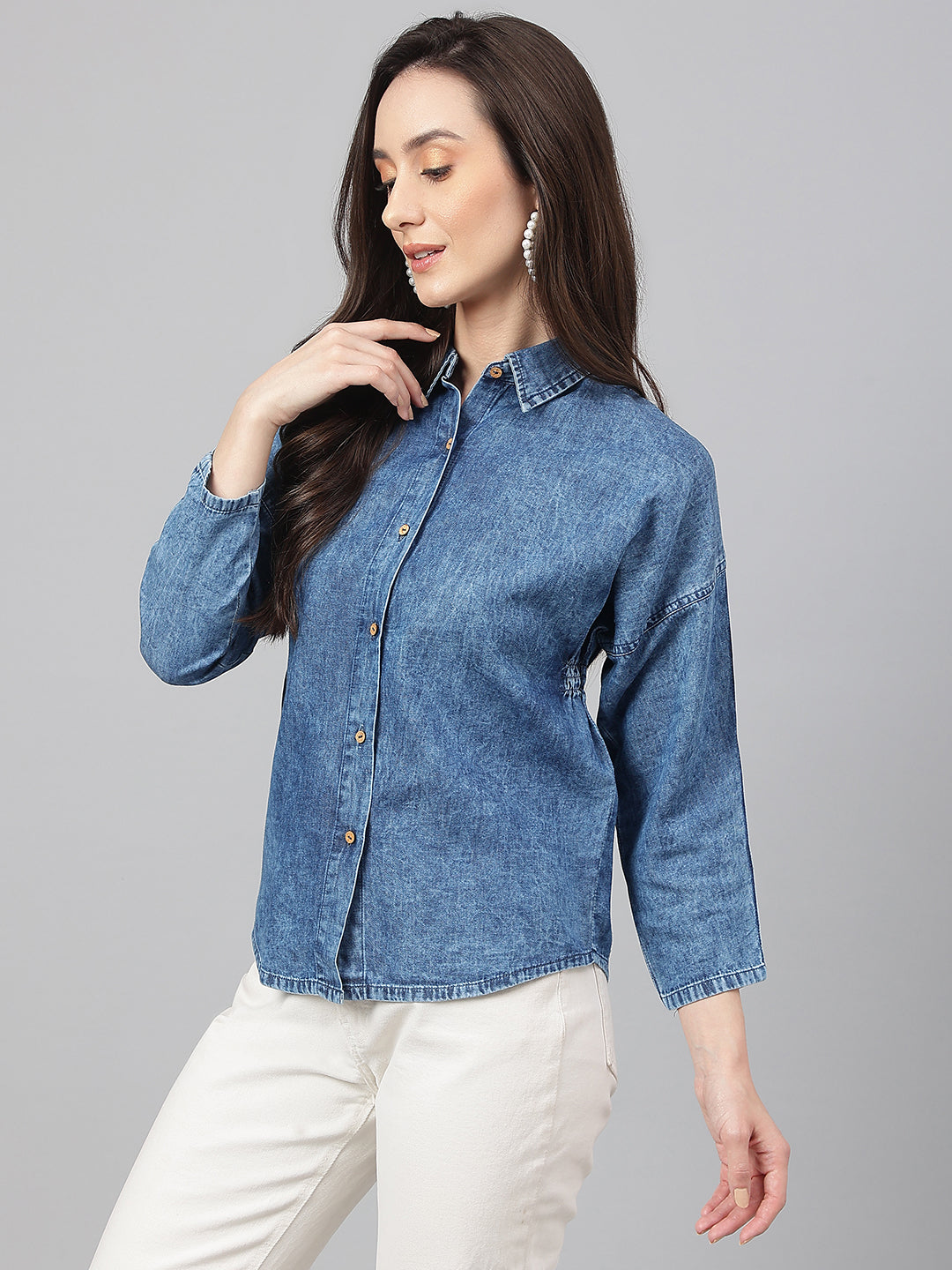 Janasya Women's Blue Denim Solid Shirt Style Top