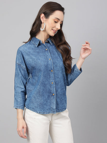 Janasya Women's Blue Denim Solid Shirt Style Top