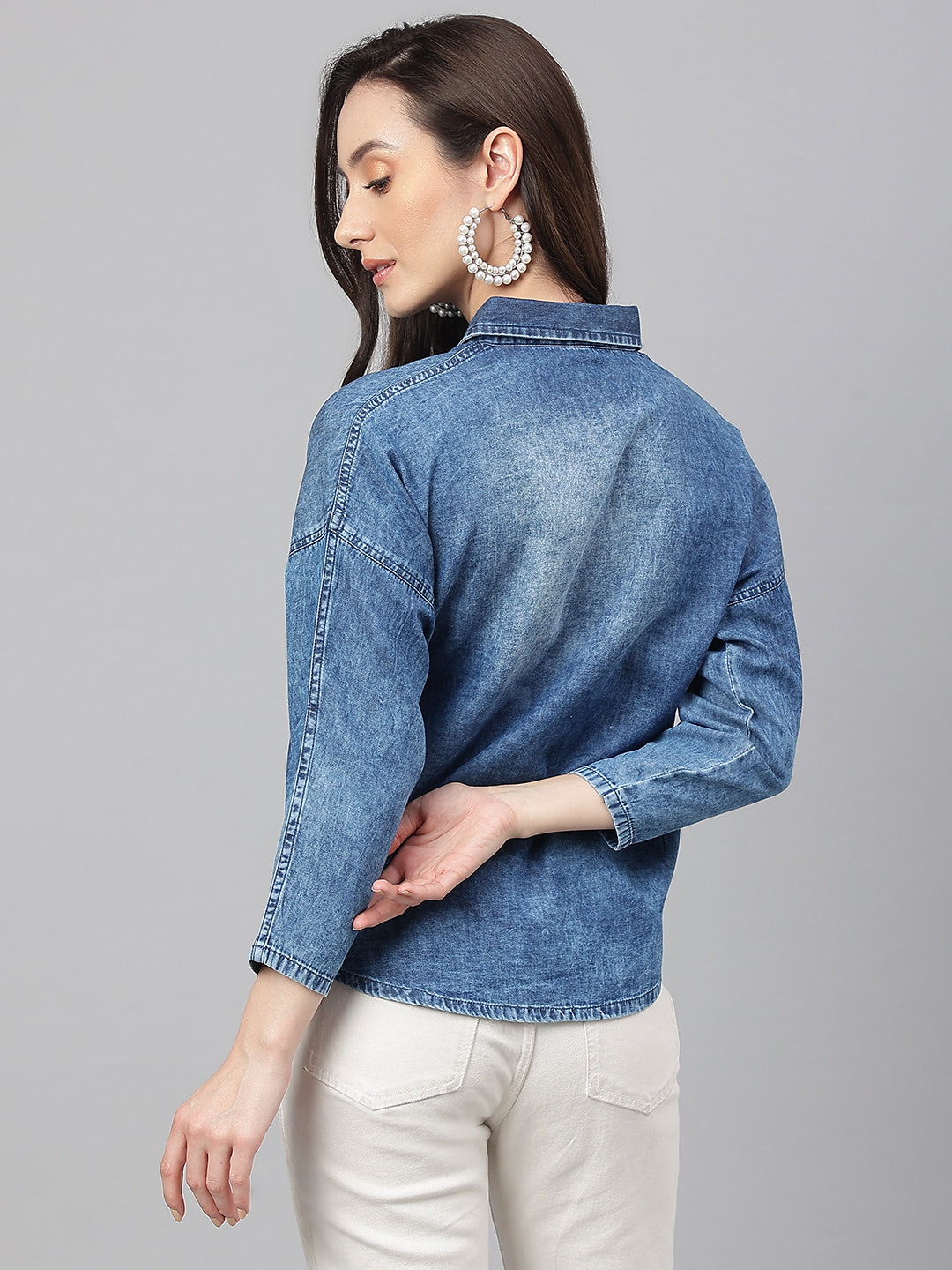 Janasya Women's Blue Denim Solid Shirt Style Top