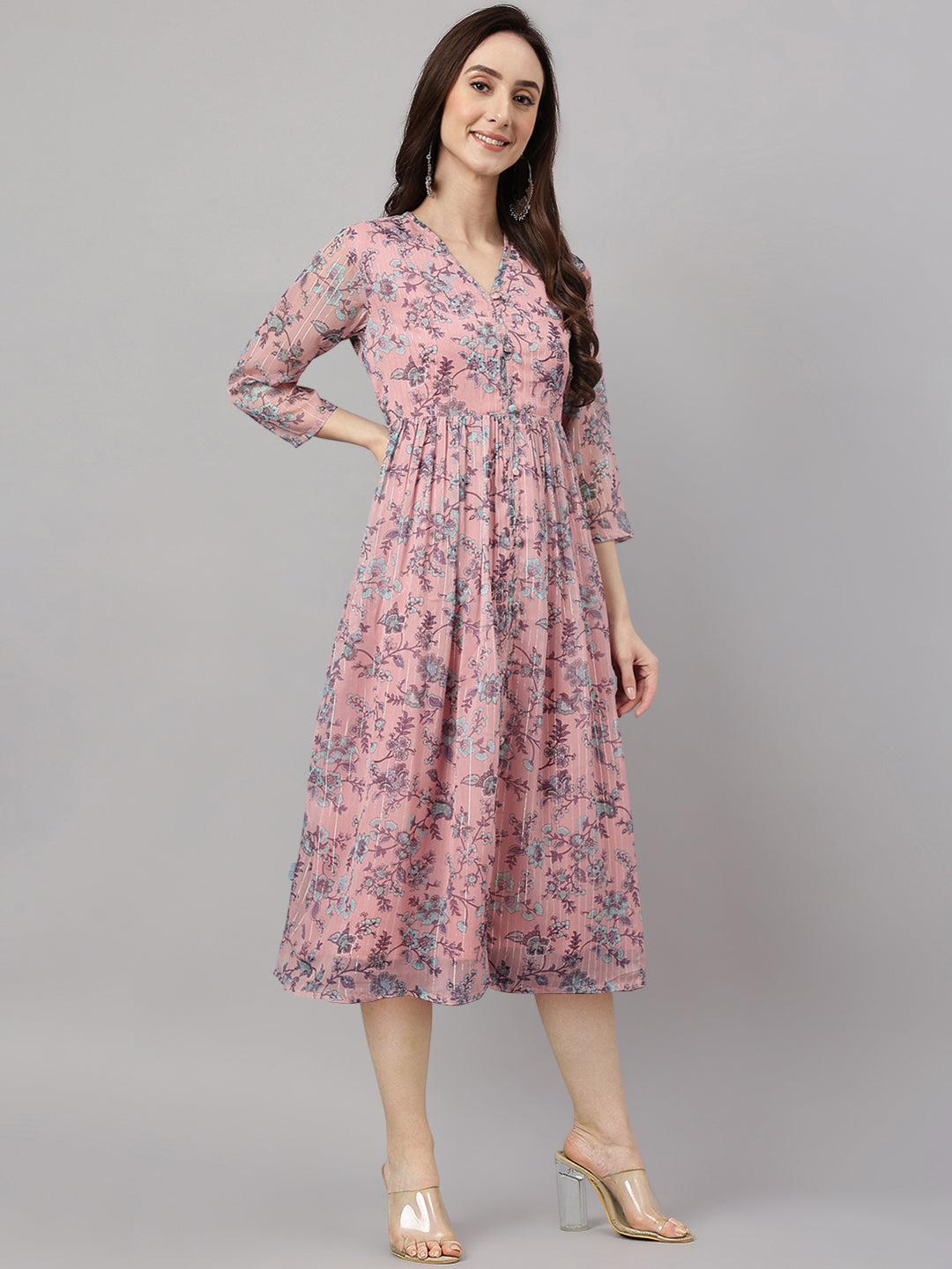 Janasya Women's Pink Chiffon Lurex Floral Printed Flared Casual Dress