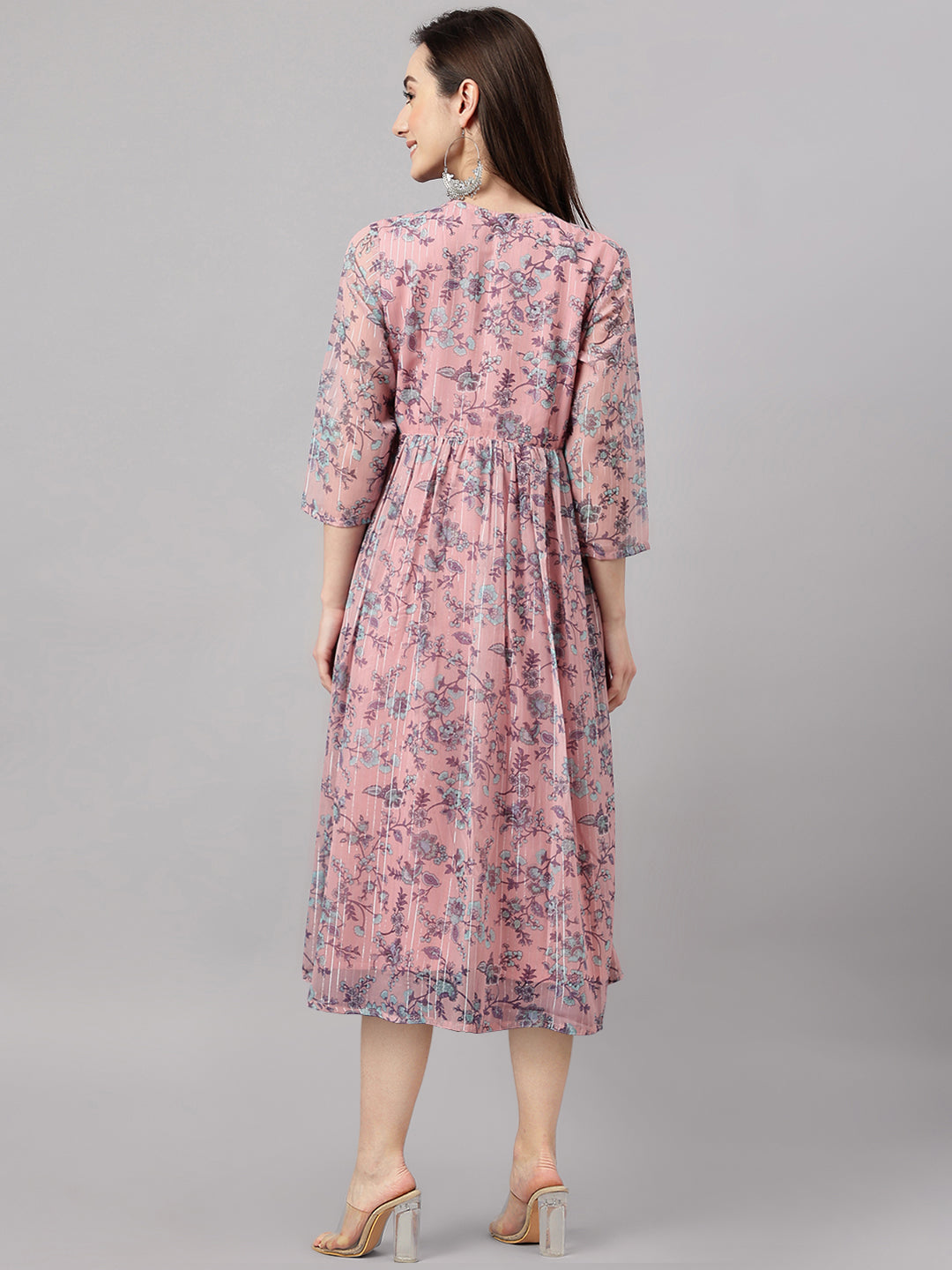 Janasya Women's Pink Chiffon Lurex Floral Printed Flared Casual Dress