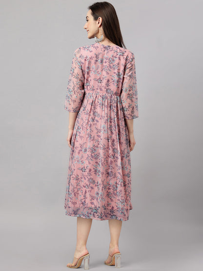 Janasya Women's Pink Chiffon Lurex Floral Printed Flared Casual Dress