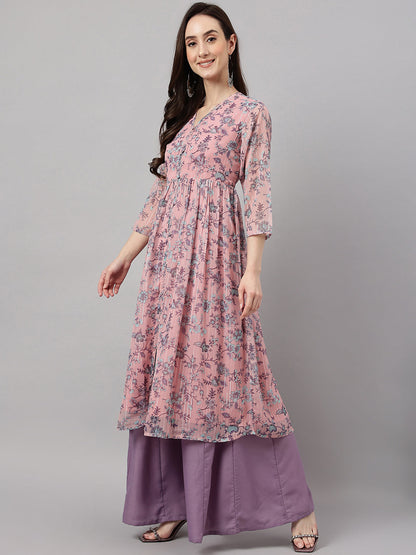 Janasya Women's Pink Chiffon Lurex Floral Printed Casual Flared Kurta