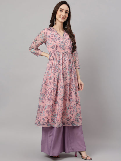 Janasya Women's Pink Chiffon Lurex Floral Printed Casual Flared Kurta
