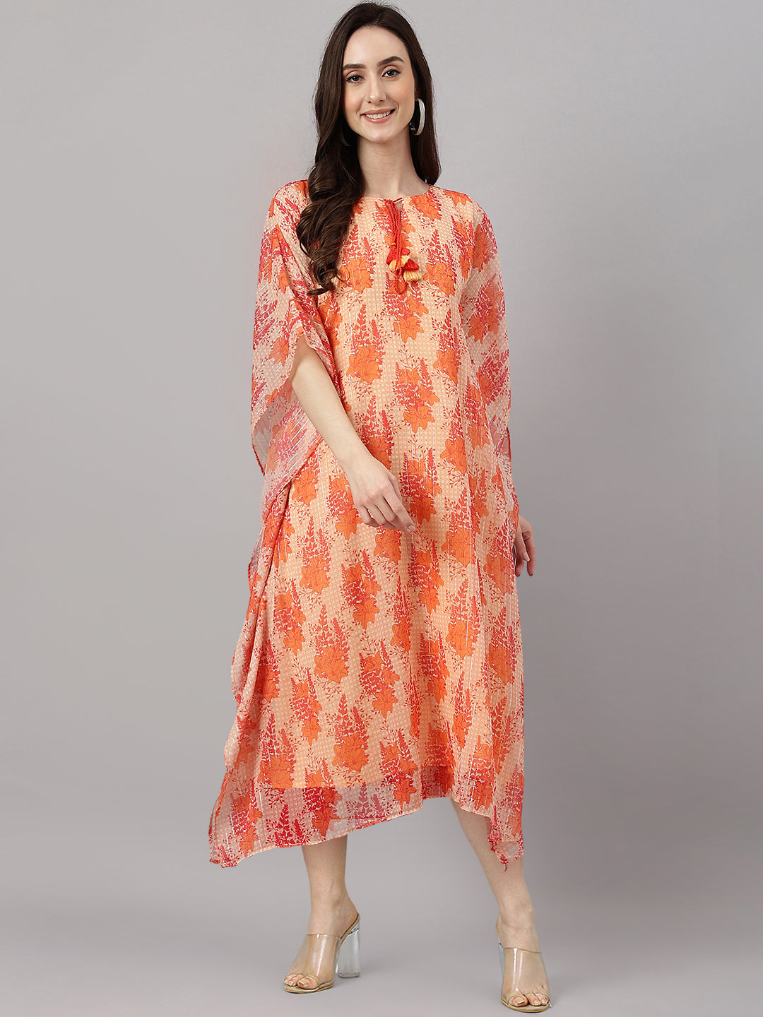 Janasya Women's Orange Chiffon Lurex Floral Printed Casual Kaftan Kurta