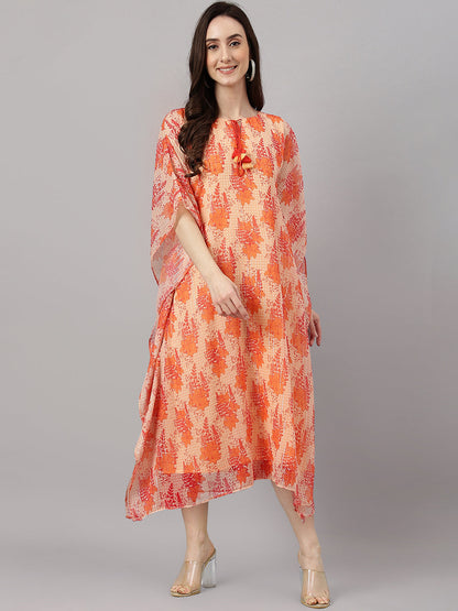 Janasya Women's Orange Chiffon Lurex Floral Printed Casual Kaftan Kurta