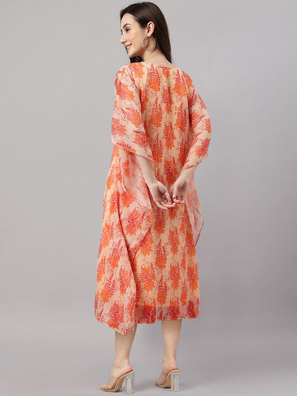Janasya Women's Orange Chiffon Lurex Floral Printed Casual Kaftan Kurta