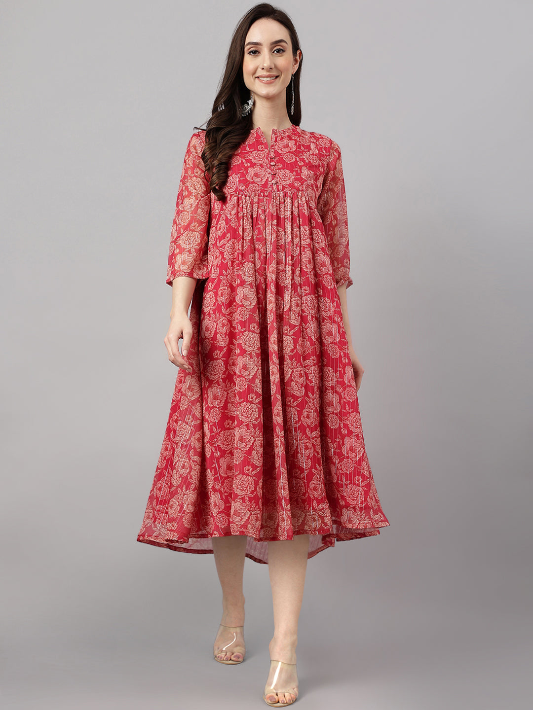 Indian Clothing Janasya Women's Dark Pink Chiffon Lurex Floral Printed Flared Casual Dress