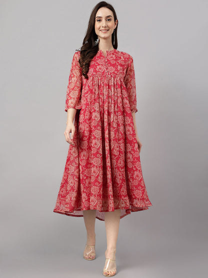 Indian Clothing Janasya Women's Dark Pink Chiffon Lurex Floral Printed Flared Casual Dress