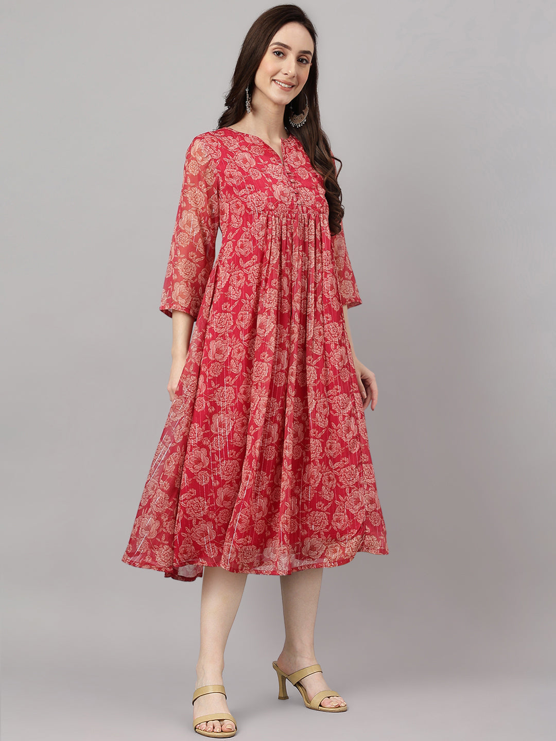 Indian Clothing Janasya Women's Dark Pink Chiffon Lurex Floral Printed Flared Casual Dress