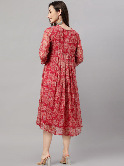 Indian Clothing Janasya Women's Dark Pink Chiffon Lurex Floral Printed Flared Casual Dress