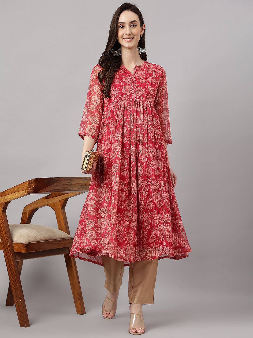 Indian Clothing Janasya Women's Dark Pink Chiffon Lurex Floral Printed Casual flared Kurta