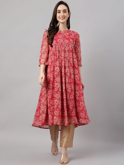 Indian Clothing Janasya Women's Dark Pink Chiffon Lurex Floral Printed Casual flared Kurta