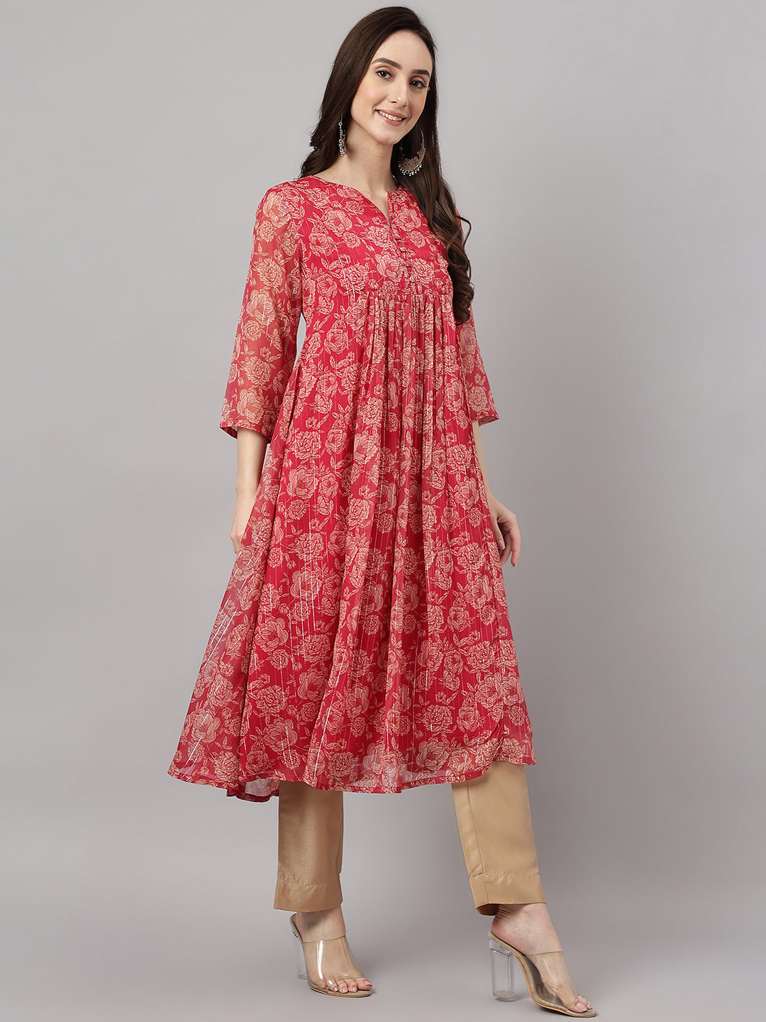Indian Clothing Janasya Women's Dark Pink Chiffon Lurex Floral Printed Casual flared Kurta
