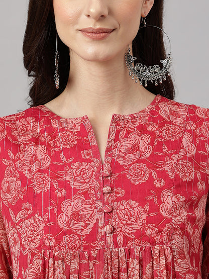 Indian Clothing Janasya Women's Dark Pink Chiffon Lurex Floral Printed Flared Casual Dress