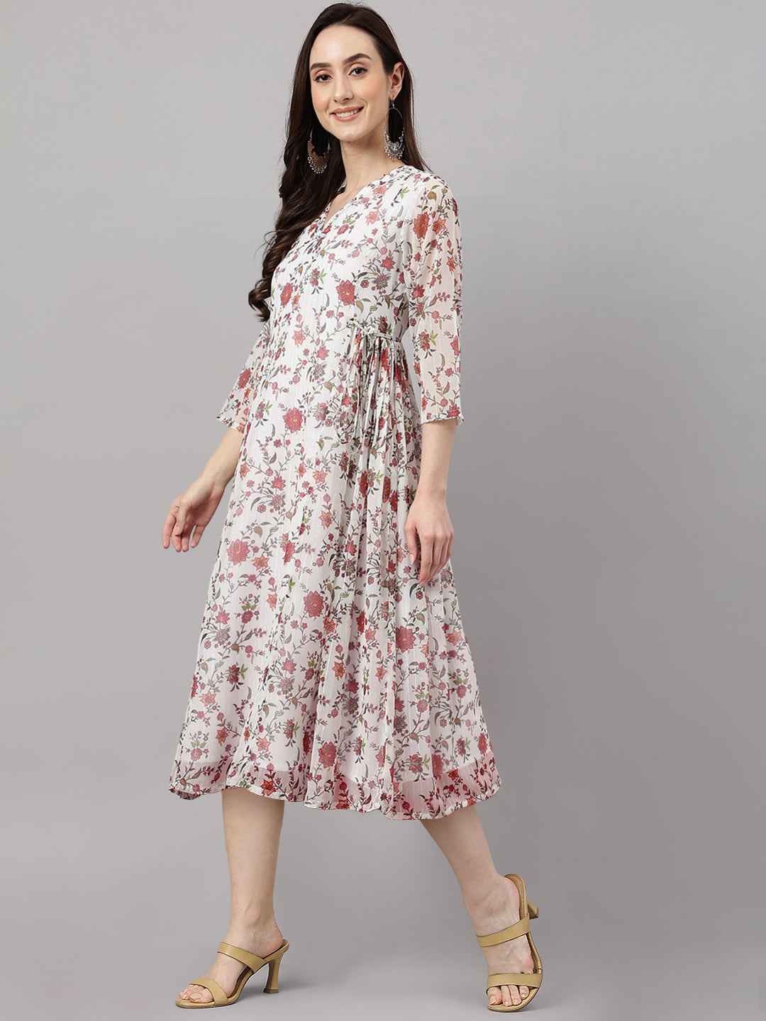 Janasya Women's Orange Chiffon Lurex Floral Printed Kaftan Casual Dress