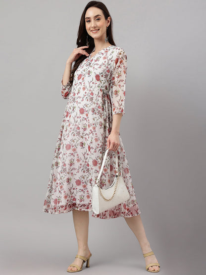 Janasya Women's Orange Chiffon Lurex Floral Printed Kaftan Casual Dress