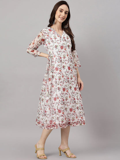 Janasya Women's Orange Chiffon Lurex Floral Printed Kaftan Casual Dress