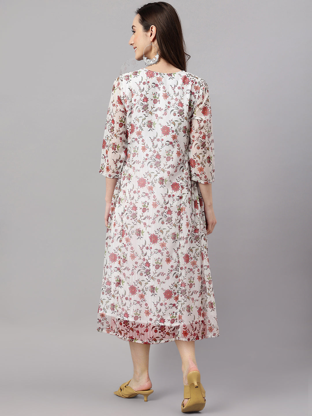 Janasya Women's Orange Chiffon Lurex Floral Printed Kaftan Casual Dress