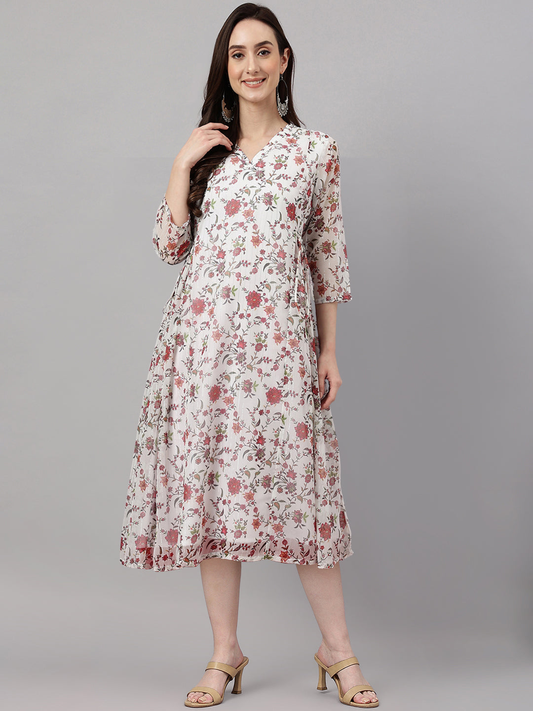 Janasya Women's Orange Chiffon Lurex Floral Printed Kaftan Casual Dress