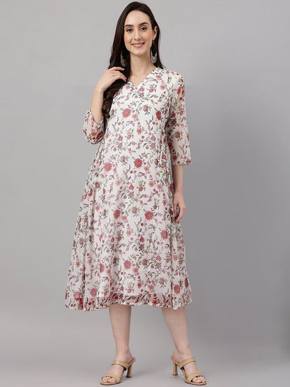 Janasya Women's Orange Chiffon Lurex Floral Printed Kaftan Casual Dress